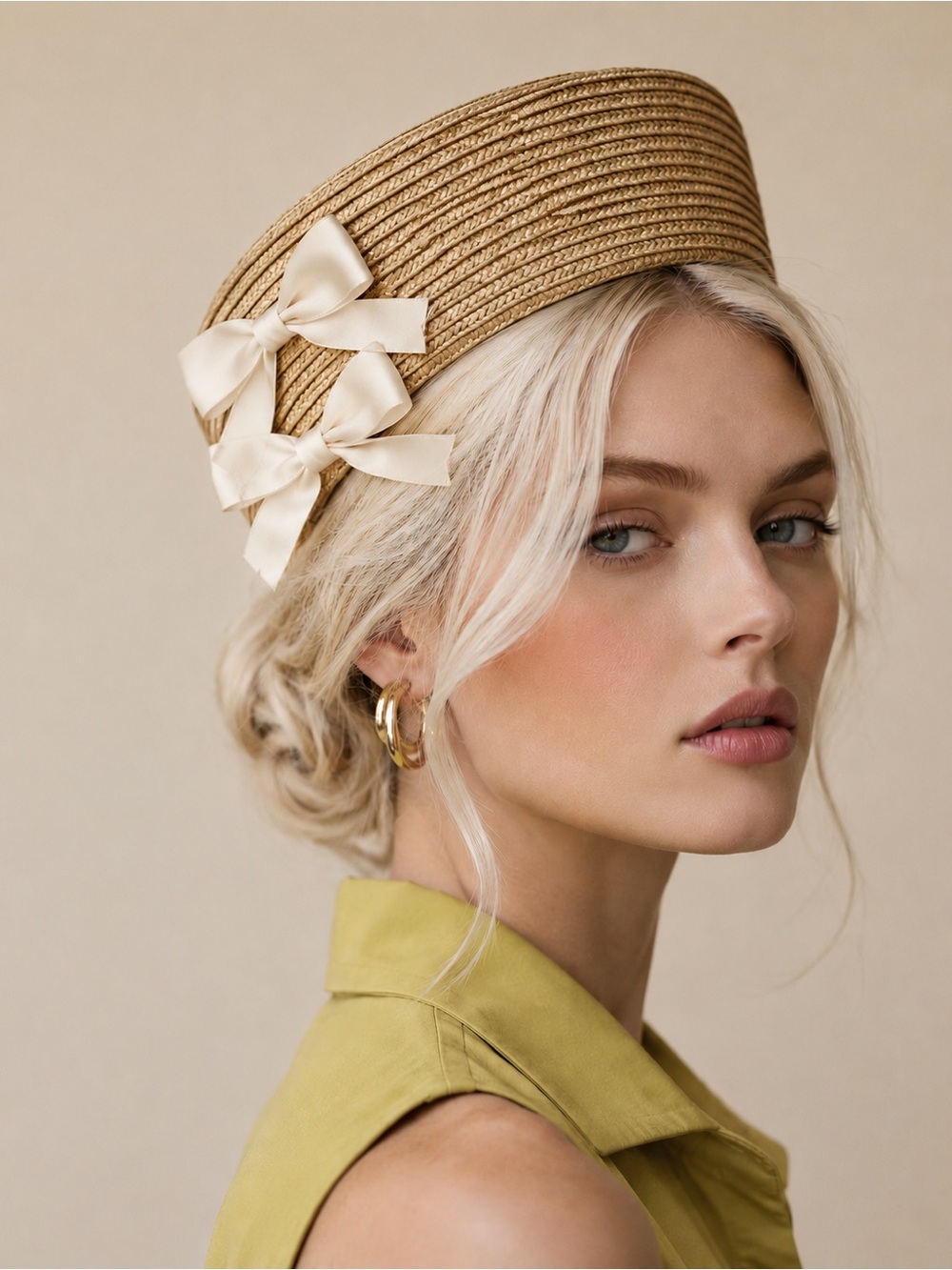 Ivory Bow Natural Straw Pillbox Fascinator Hat Wedding Derby Garden Party